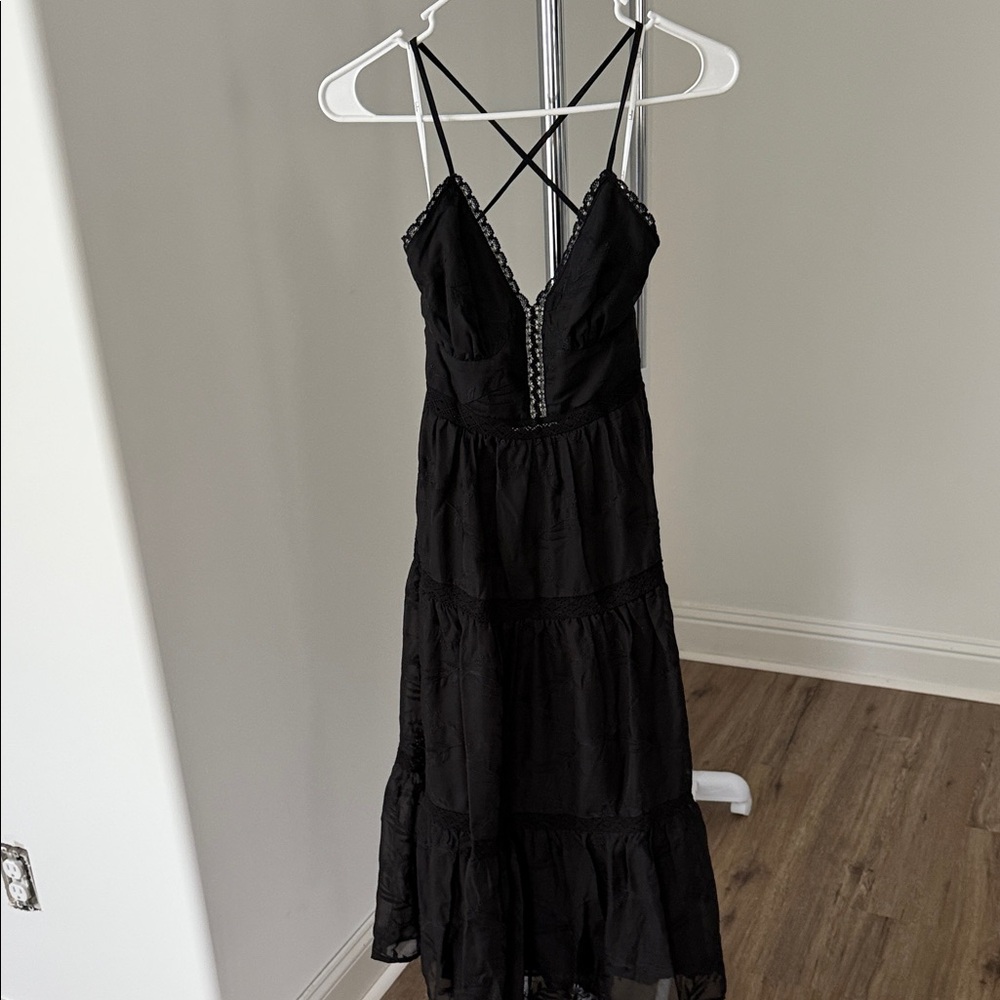 Lulu's Black Adjustable Strap Dress with Lace Detail